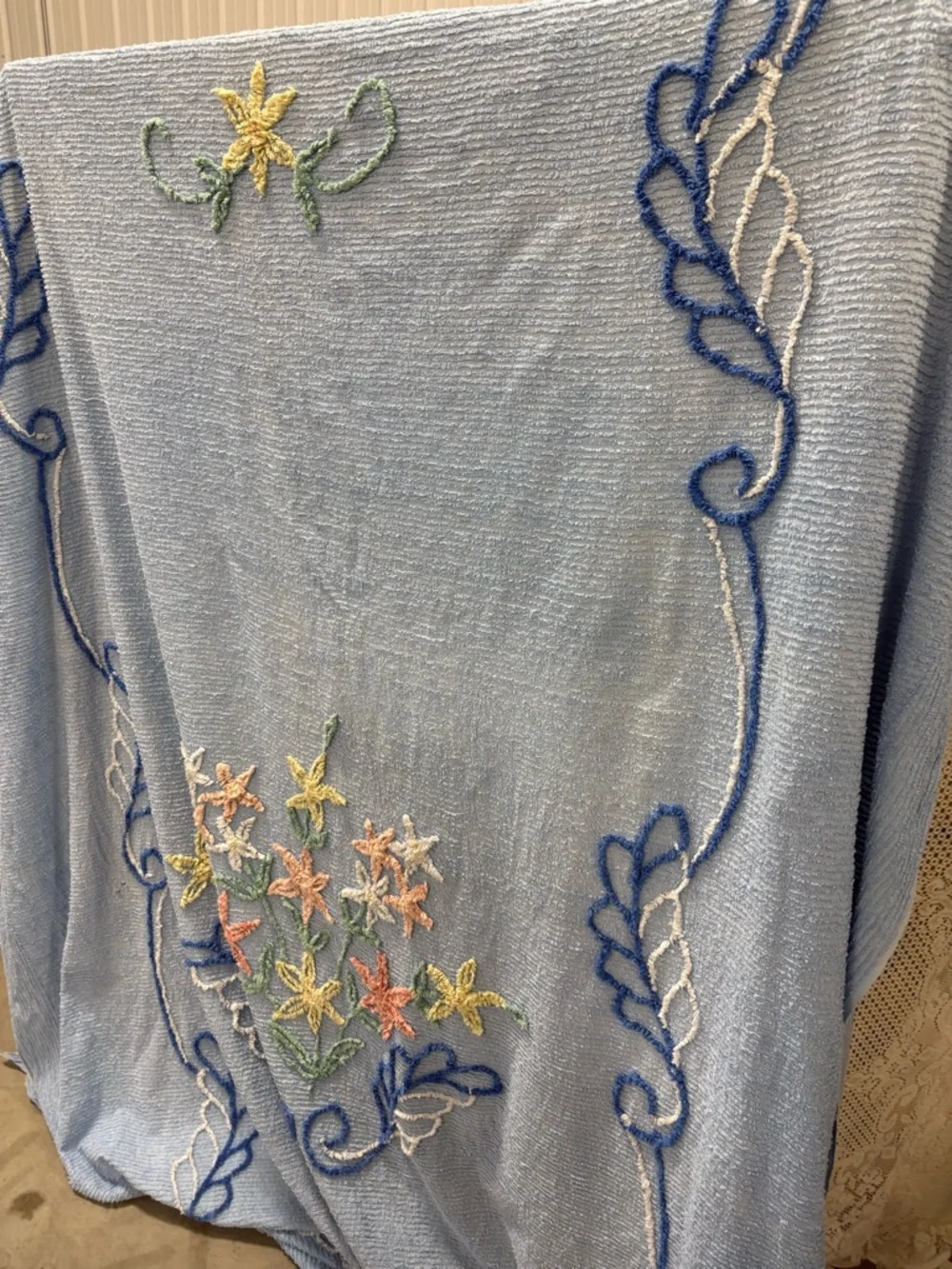 Light Blue Embroidered Floral Chenille Bedspread